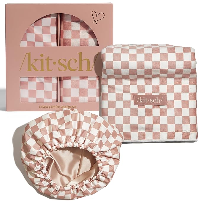 Kitsch Love & Comfort 2PC Spa Set - Satin Lined Reusable Waterproof Shower Cap and XL Quick Dry Hair Towel Wrap for Women, Microfiber Towel, Flexi Shower Cap For All Hair Types - Terracotta Checker
