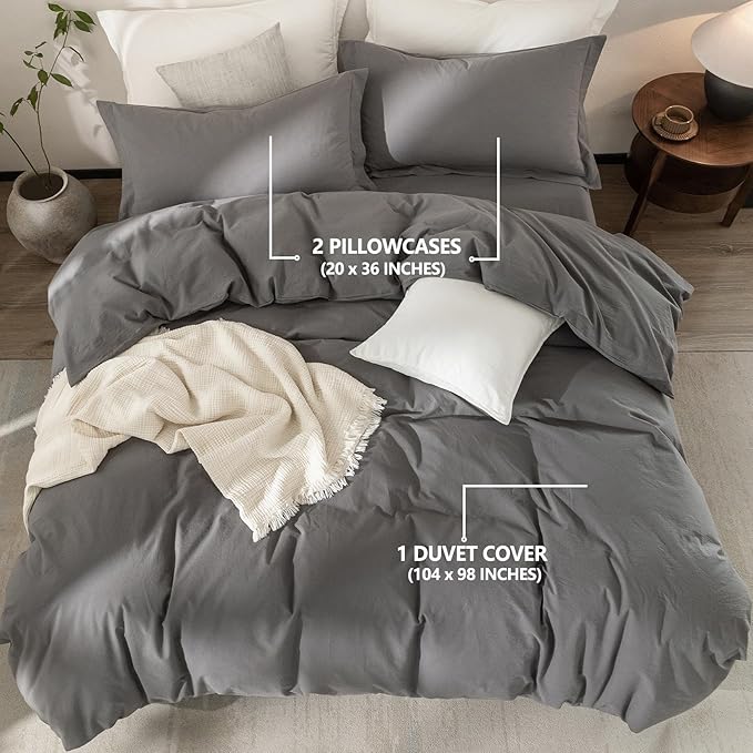 Dark Grey Duvet Cover California King Size Bedding Set Cover 100% Washed Cotton Duvet Cover with Zipper Closure and 2 Pillowcases, 104inch x 98inch