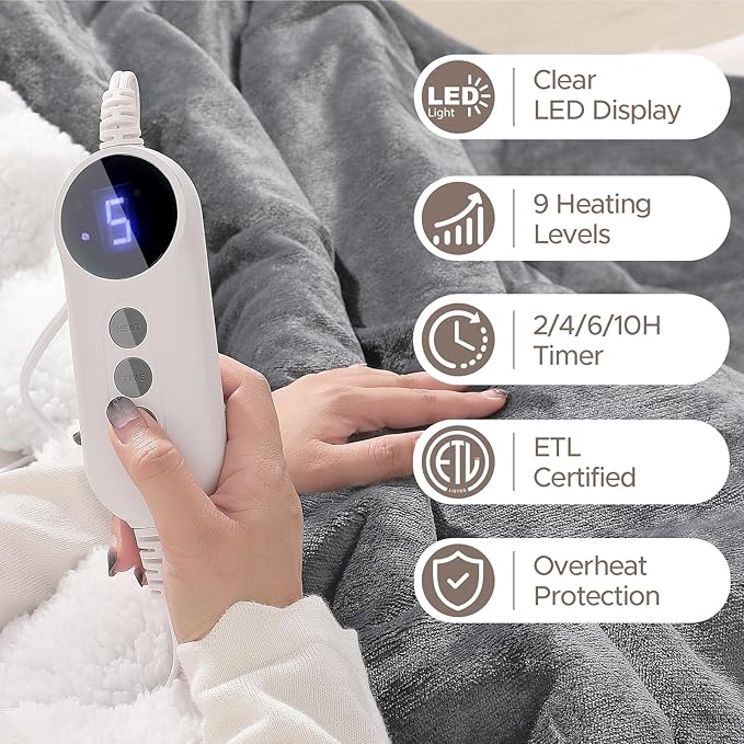 Electric Heated Blanket Twin 62''X84'', Soft & Cozy Fast Heating Blanket with 9 Heat Settings & 2-10 Hours Auto Off, ETL Certified & Overheat Protection,Gift for Grandma, Light Gray