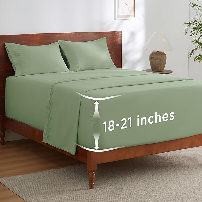Bedsure Deep Pocket King Sheet Set - Fits Mattresses Up to 21 Inches Thick - 4 Piece GentleSoft Bed Sheets, Moisture Wicking, Soft & Cooling Bedsheet & Pillowcases, Easy & Secure Fit, Sage Green