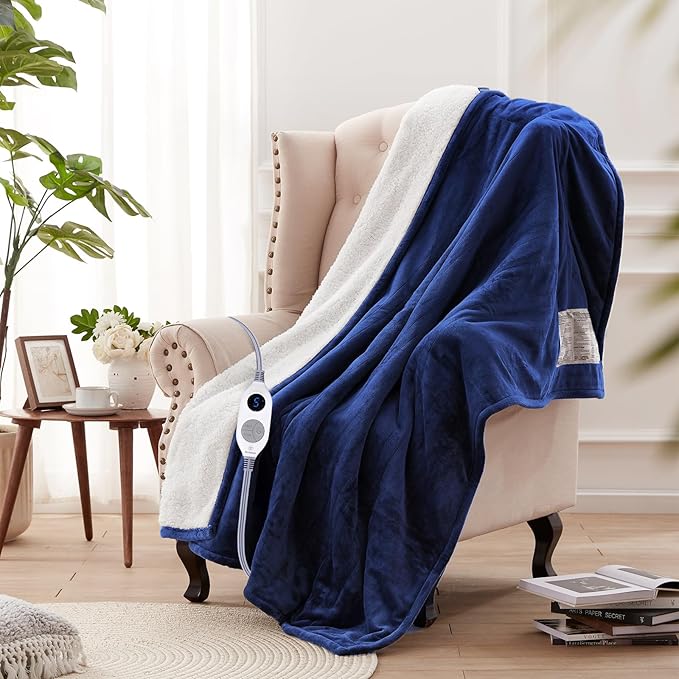 Westinghouse Electric Blanket Heated Throw | 6 Heating Levels & 4 Hours Auto Off | Flannel to Sherpa Reversible 50x60 | Machine Washable, Navy Blue