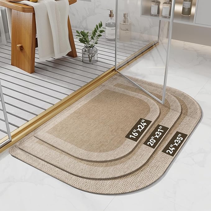 Half Circle Bath Mat,Thin Bathroom Rugs Fit Under Door Quick Dry Non Slip Washable Bathroom Mat with Rubber Backing,Absorbent Woven Half Round Shower Rug, Brown Beige 16x24