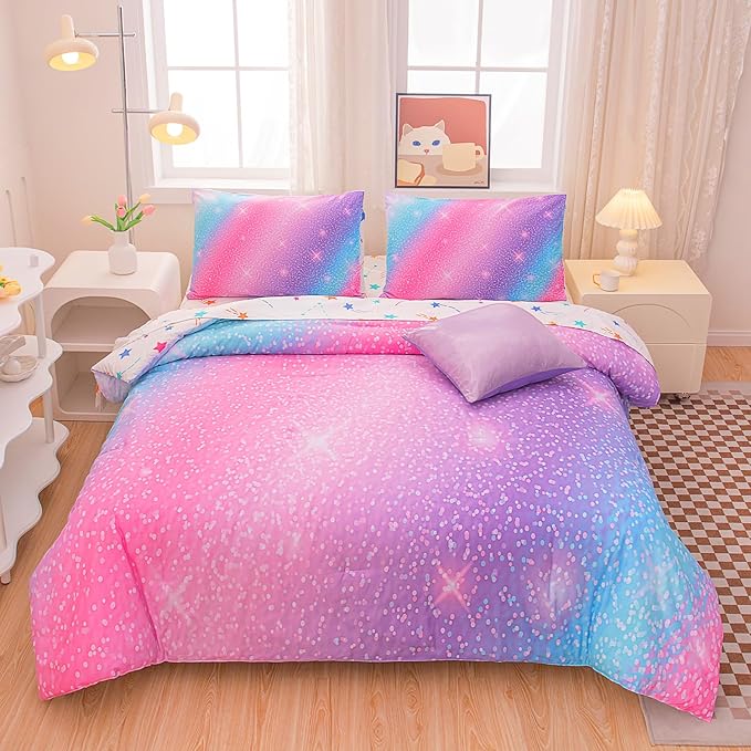 Rainbow Bedding Set Full Size – 6-Piece Reversible Girls Comforter with Deep-Pocket Sheet, Gradient Galaxy Design, Whole-Piece Filling, Machine Washable Bed-in-a-Bag for Kids Room Makeover & Gifts