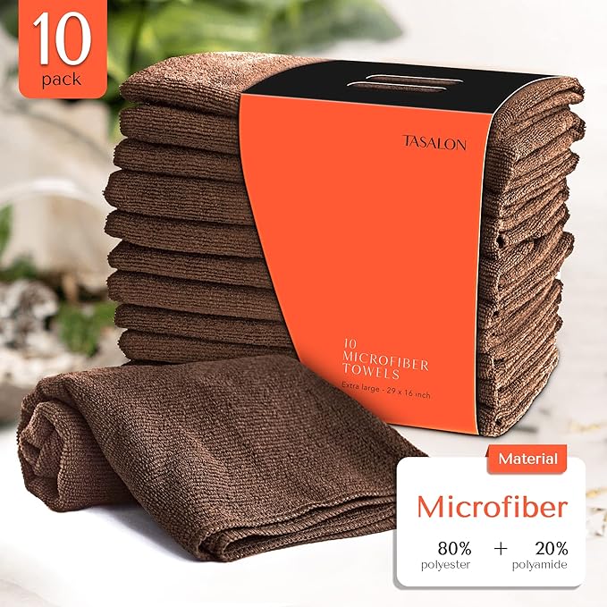 TASALON Microfiber Hair Towel for Salon - 10 Pack - 29 x 16 Inches, Quick Dry and Ultra-Soft Facial Towels with Soft Absorbant - Brown
