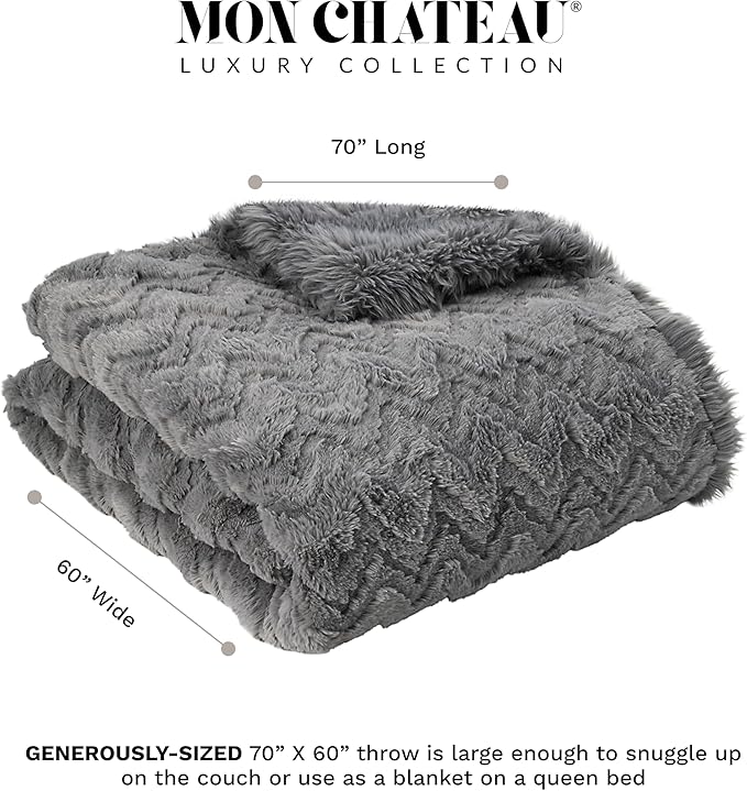 Mon Chateau 60" x 70" Crest Faux Fur Throw, Plush Luxury Blanket for Couch, Sofa, or Bed, Soft Reversible Throw Blanket for Sleeping, Home & Room Decor, Fog Stone