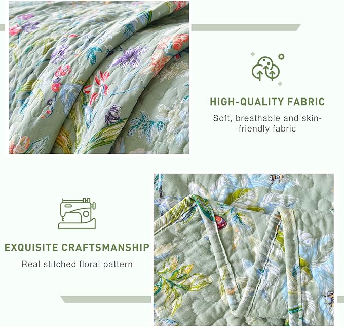 Lady Ann Oversized King Bedspreads 128x120 for Extra Bed, Green Flower Bird Butterfly Print Botanical Bedding, Lightweight 100% Cotton Quilted Coverlet Set with Pillow Shams for All Season, 3 PCS