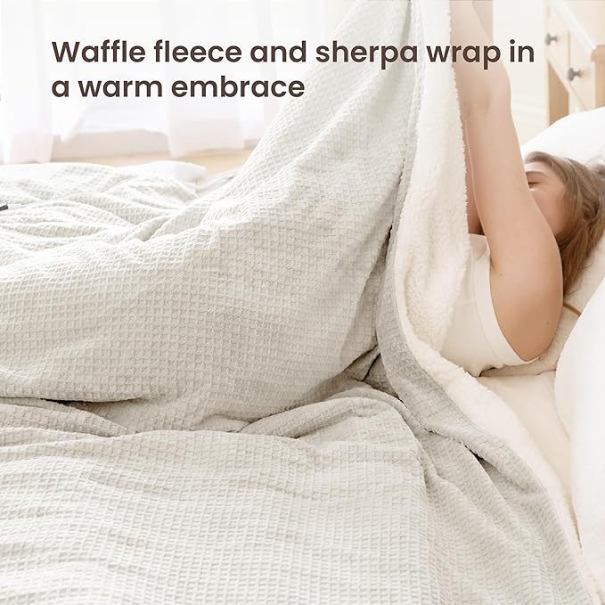 Electric Blanket King Waffle, 90x100 Inches, Dual Controllers, Sherpa Fleece, 6 Heating Levels, 10 Hours Auto Off, ETL Certified, Beige King