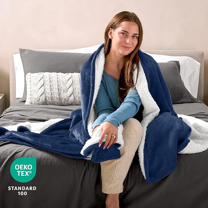 Bare Home Sherpa Fleece Blanket - King Size - Blanket for Bed, Sofa, and Couch - Warm & Lightweight - Fluffy & Soft - Reversible (King, Dark Blue)