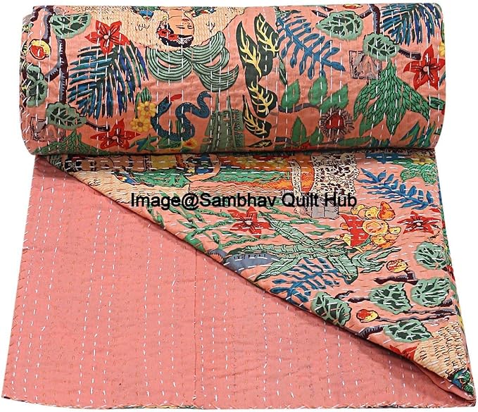 Floral Printed Cotton Quilted Blanket Indian Handmade Bedspread Kantha Work Bohemian Bed Decor Throw Blanket Twin/King/Queen (90X108 inches)
