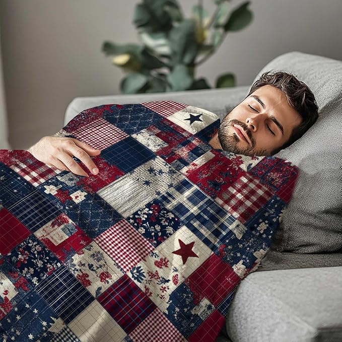 Printed Patchwork Country Blanket Throw for Women and Men, Farmhouse Vintage Blanket Gift, Lightweight Fleece Americana Rustic Home Decor, 40"×50"
