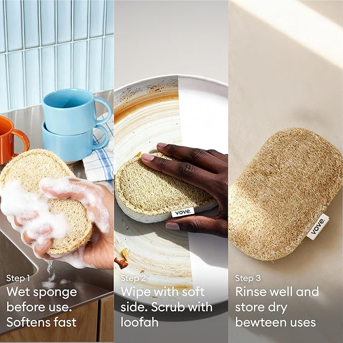 Vove Washing Up Sponges, Pack of 8 - Loofah & Cellulose Sponge with Cotton, Natural Eco-Friendly Kitchen Sponges & Scourers for Household Cleaning, FSC-Certified Packaging