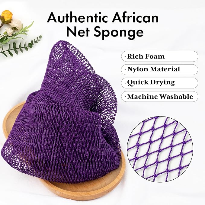 African Net Sponge Authentic 3 Pieces with Storage Bag, African Exfoliating Net Sponge Washcloth, Exfoliating Body Scrubber Bath Sponge Bathing Accessories (Rose, Purple, Bright Yellow)