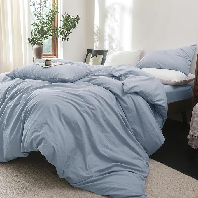FOSSA Duvet Cover Set 100% Washed Cotton Linen Feel Super Soft Breathable Cozy 3 Pieces Bedding Sets Solid Cornflower Blue Super King