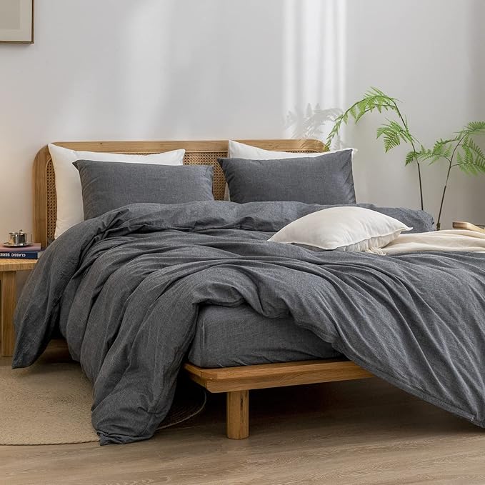 BESTOUCH Duvet Cover Set 100% Washed Cotton Linen Feel Super Soft Comfortable Chic Lightweight 2 PCs Home Bedding Set Solid Dark Black Twin/Twin XL