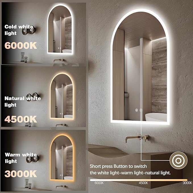 Niccy Arched LED Bathroom Mirror, 48"x30" Arch Frameless Frontlit & Backlit Mirrors for Wall, Arched Lighted Vanity Mirrors with Memory Function for Bathroom Bedroom, Defogger 3 Color, Explosion-Proof