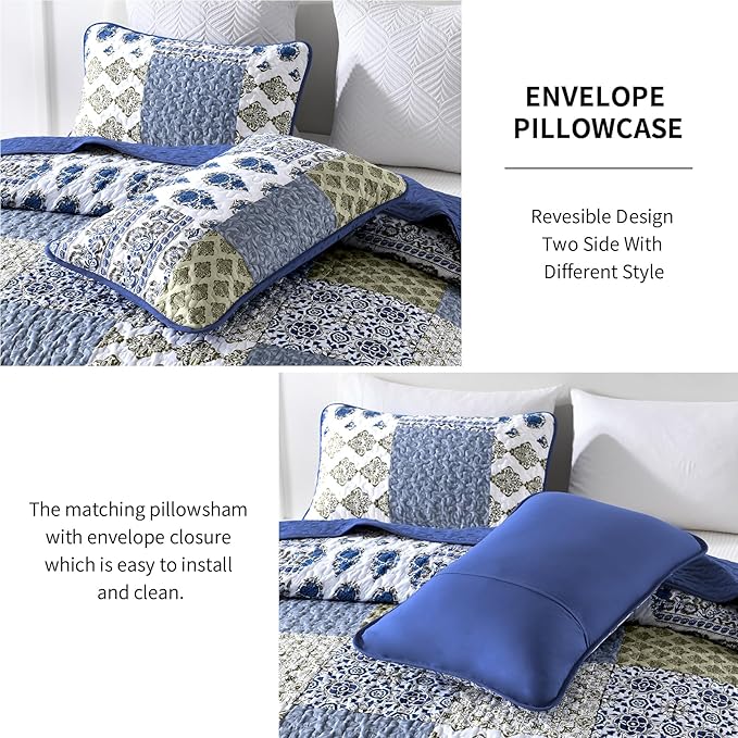 Mybedsoul Blue Quilt Set Queen Size 3 Pieces Boho Plaid Aqua Blue Floral Bedspread Set Microfiber Lightweight Bohemian Bedding Set for All Season (1 Quilt + 2 Pillow Shams) 90"x96"