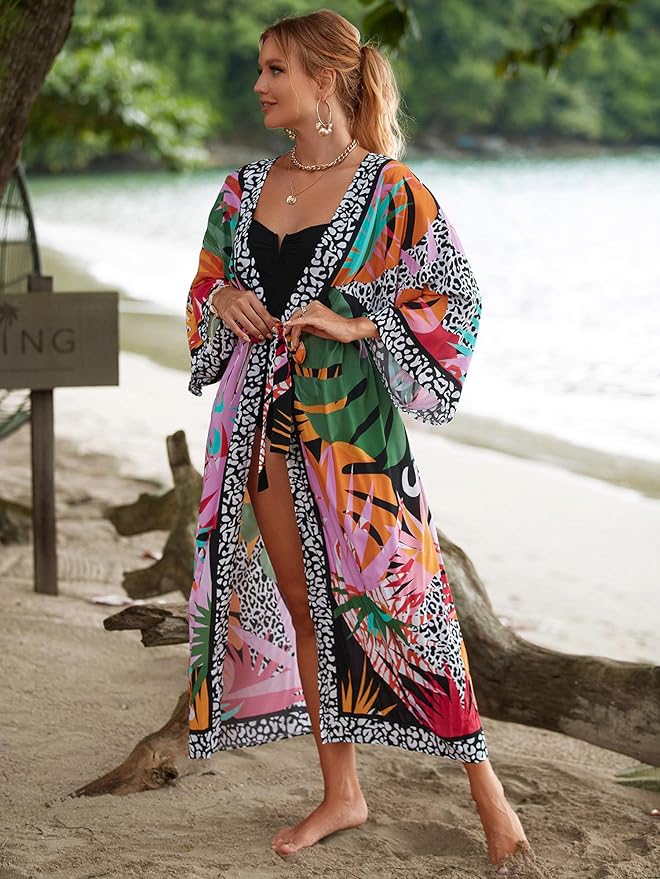 Women Casual Open Front Lightweight Cardigan Long Beach Kimono Cover Up