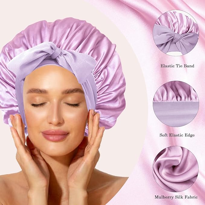 Chloven Mulberry Silk Bonnet for Sleeping Women - Larger Double Layer Silk Hair Wrap Bonnet for Curly Long Hair with Tie Band