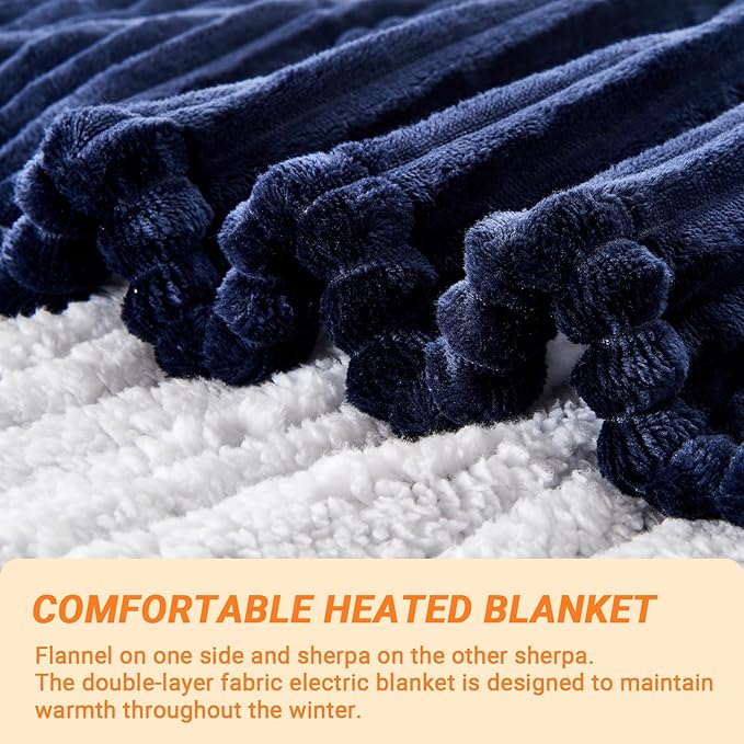 Heated Blanket Electric Throw, Soft Flannel Heating Blanket with 8 Hours Auto Off 10 Fast Heating Levels Machine Washable Sherpa Heated Blanket with Overheating Protection