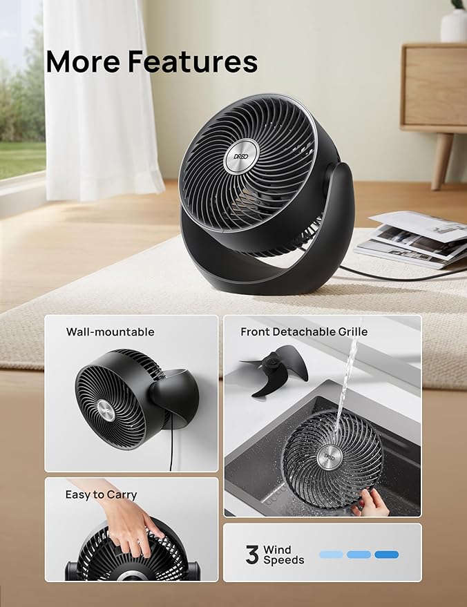 Dreo Fan for Bedroom, Table Air Circulator for Whole Room, 11 Inch, 40ft Strong Airflow, 120° adjustable tilt, 28db Low Noise, Quiet, 3 Speeds, 2025 New Desk Fan for Office, Kitchen, Home