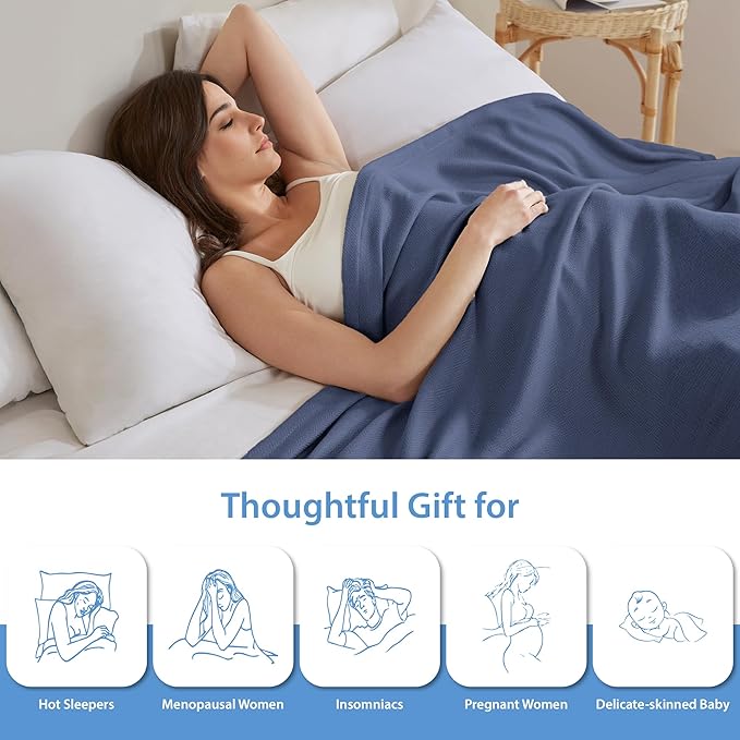 Queen Size Blanket, 70% Rayon (Derived from Bamboo) and 30% Cotton, Lightweight Jacquard Weave, Breathable and Soft Summer Blanket for Bed or Couch, 90” x 90”, Navy