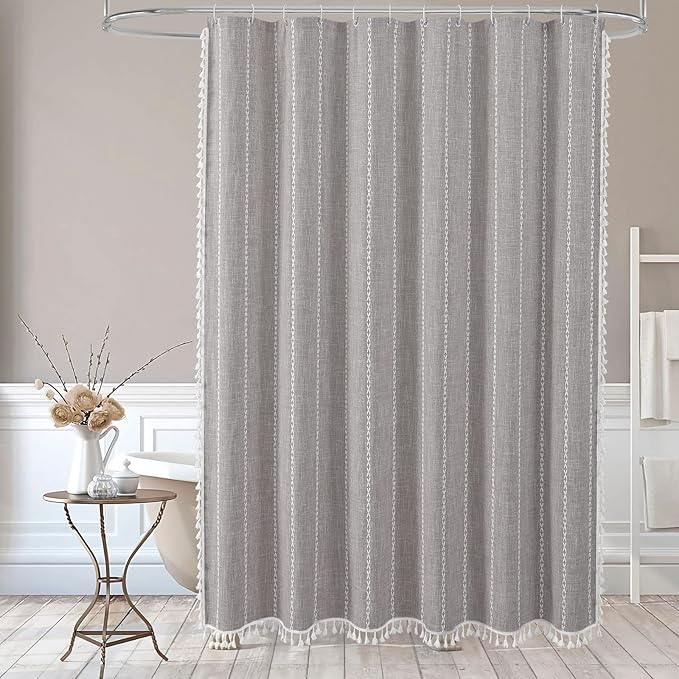 MitoVilla Boho Extra Long Shower Curtain 72 x 96, Grey Modern Farmhouse 96 inch XL Polyester Linen Texture Tassel Fabric Shower Curtain Set with Hooks for Cottagecore Country Bathroom Decor,Grey