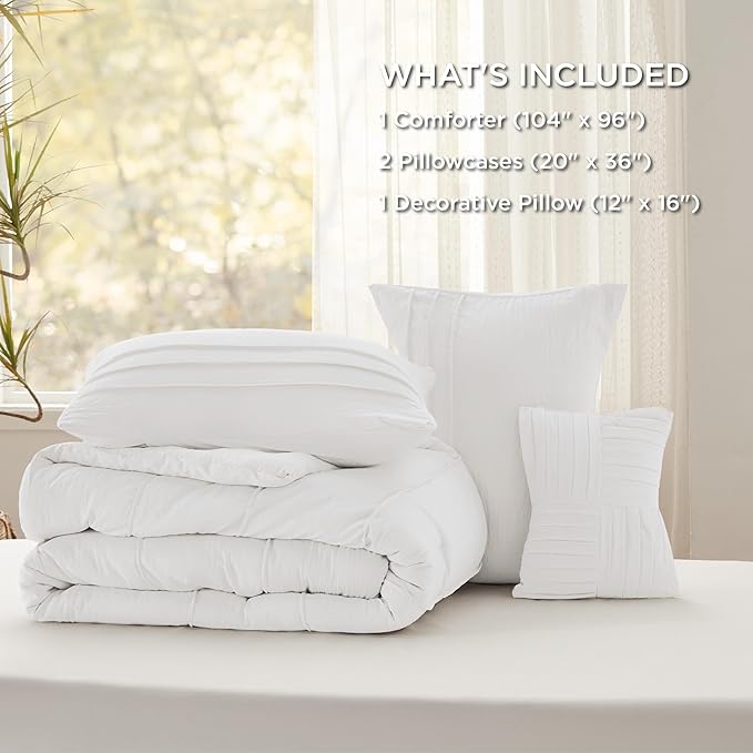 Bedsure California King Comforter Set - 4 Pieces Pinch Pleat Bed Set, White Boho Bedding for All Season, 1 Soft Comforter, 2 Pillowcases, 1 Decorative Pillow