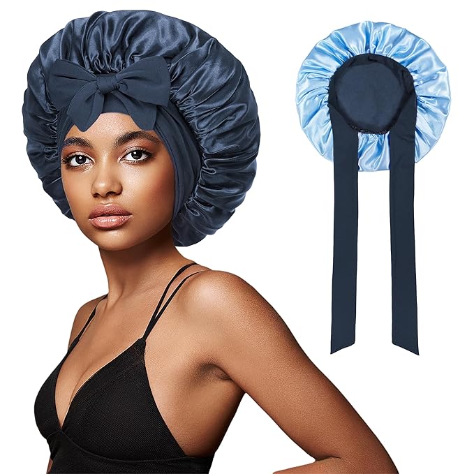 vidsel Bonnet with Tie Band, Hair Care Satin Silk Bonnet for Sleeping Women, Silky Sleep Bonnets for Women, Reversible Double Layer Sleep Cap for Curly Hair Braids