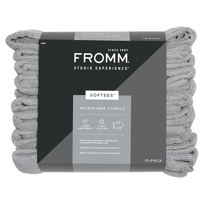 Fromm Softees Microfiber Salon Hair Towels for Hairstylists, Barbers, Spa, Gym in Grey, 16" by 29", 10 count Perfect Hair Care Towel for Drying Curly, Long, Wavy Hair
