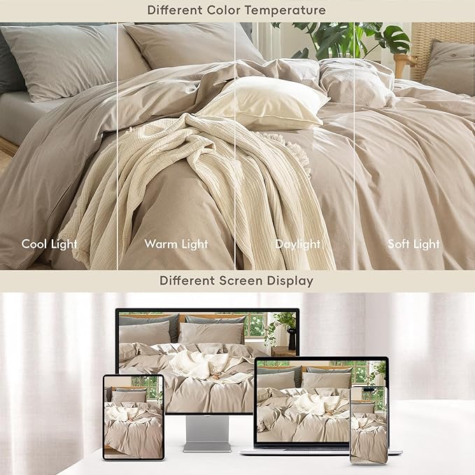 MooMee Bedding Duvet Cover Set 100% Washed Cotton Linen Like Textured Breathable Durable Soft Comfy (Heathered Taupe, Super Queen 90"x98")