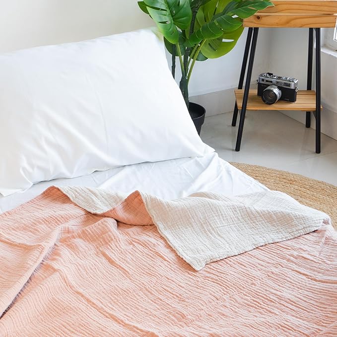 Salt Earth 100% Cotton Muslin Blanket, Gauze Blanket 50"X60" Throw with Tassel 6 Layered, Couch, Bed, Living Room, Home,Lightweight & All Season Blankets & Throws, Skin Friendly (Rose Dust/Moonbeam)