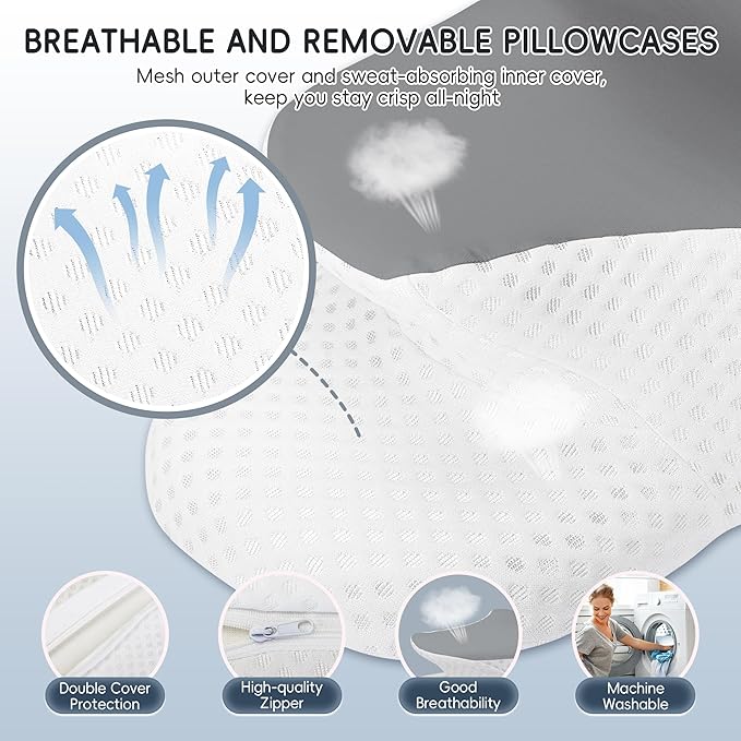 Cervical Neck Pillow for Pain Relief, Ergonomic Contour Pillow for Sleeping, 2 Heights Cooling Pillow for Neck and Shoulder Support, Memory Foam Orthopedic Pillow for Side Back Stomach Sleepers Grey