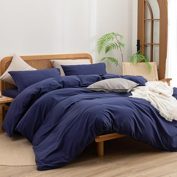 BESTOUCH Duvet Cover Set 100% Washed Cotton Linen Feel Super Soft Comfortable Chic Lightweight 3 PCs Home Bedding Set Solid Navy Blue Super King Plus
