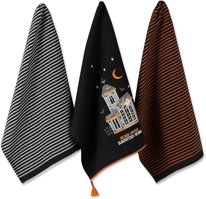 DII Happy Halloween Dishtowel Collection Embellished Cotton Kitchen Hand Towel Set, 18x28, Home Sweet Haunted Home, 3 Count