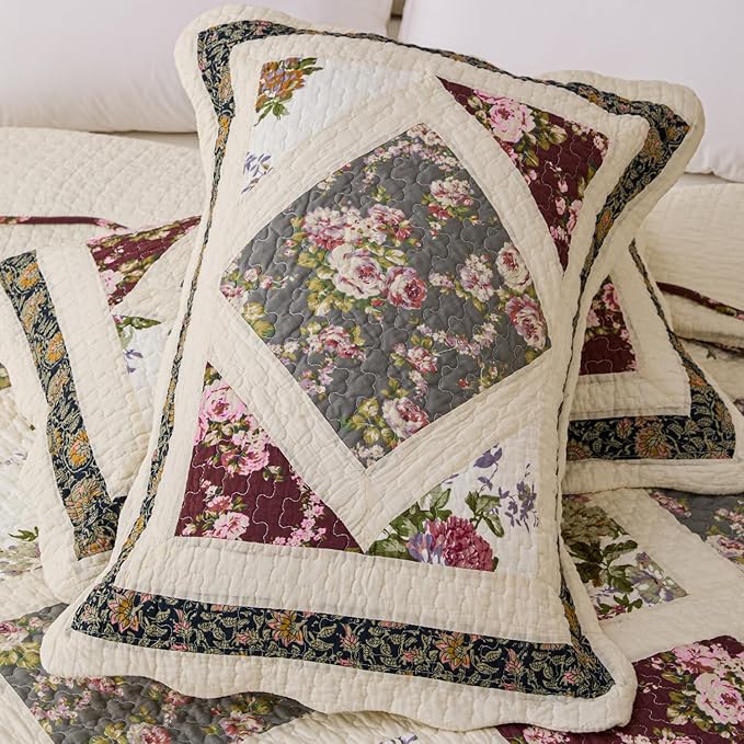 Cmfshape Floral Quilt Sets Bedspread Set 100% Cotton Patchwork Bedding Set,All Season Use Lightweight Reversible Coverlet Quilts with 2 Pillow Shams(King 106"x96")