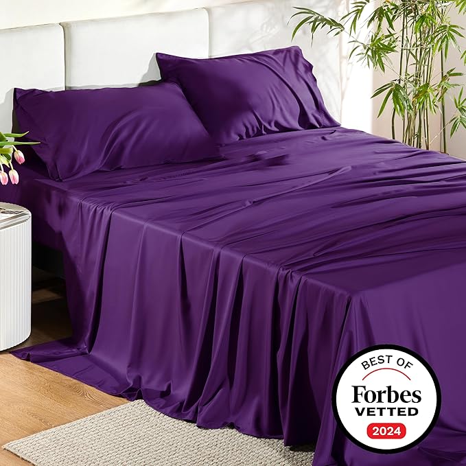 Bedsure Full Size Bed Sheets, Cooling Sheets, Rayon Derived from Bamboo, Breathable & Soft, Deep Pocket Up to 16 Inches, Hotel Luxury Silky Bedding for Hot Sleepers, Plum
