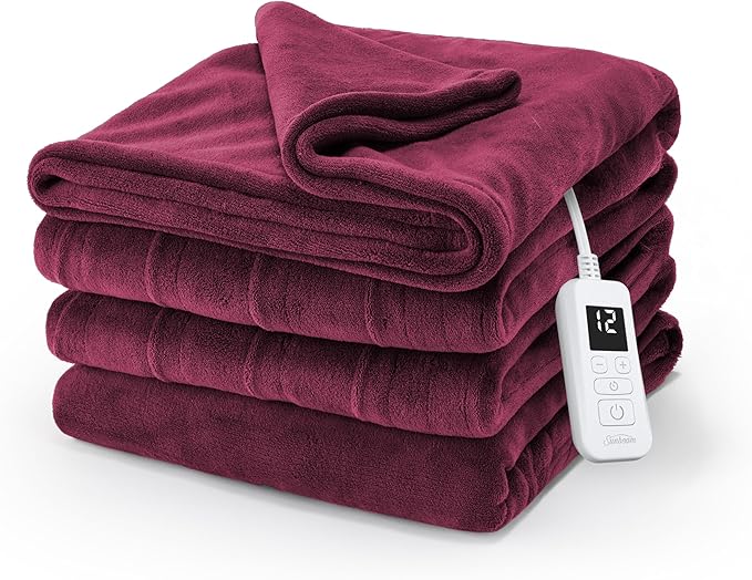 Sunbeam Electric Royal Luxe Microplush Heated Blanket, 12 Heat Settings, 12-Hour Auto Shut-Off, Fast Heating, Warm & Cozy, Machine Washable, Cabernet Color, Full (84" x 72")