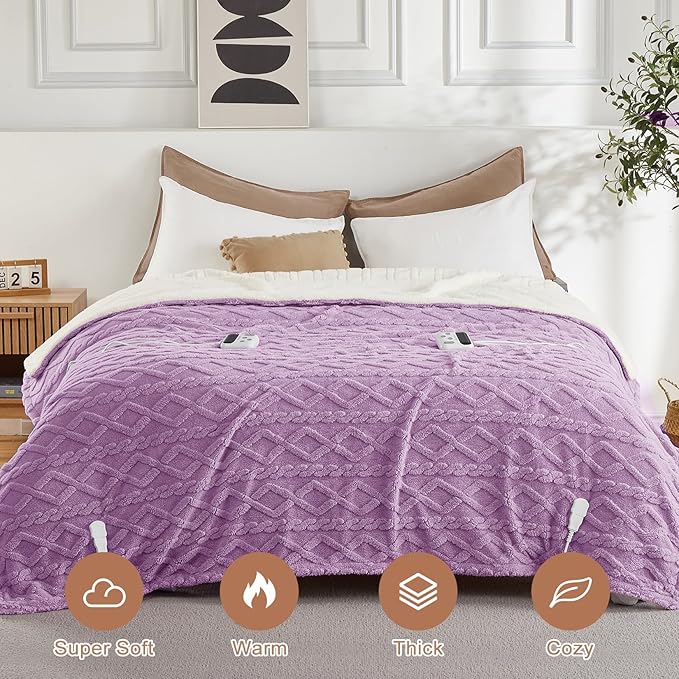 CAROMIO Electric Blanket King Size Dual Control - Thick Tufted Sherpa Heated Blanket King with 10 Heating Levels and 10 Time Settings, ETL Certified Fast Heating Blanket King Size 90"×100", Purple