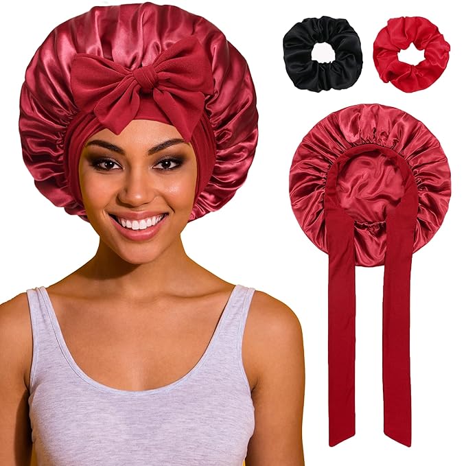 Bonnet with Tie Band, Satin Hair Silk Bonnet for Sleeping Women, Sleep Bonnets for Women, Double Layer Sleep Cap for Curly Hair Braids