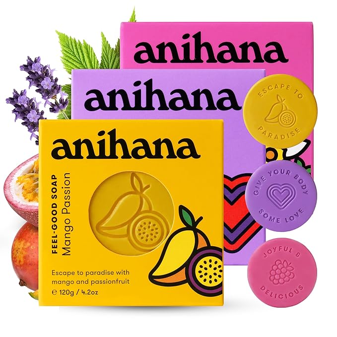 ANIHANA Feel-Good Soap Variety 3 Pack with Coconut Oil and Shea Butter, Gentle Cleansing, Paraben Free, Cruelty Free, Berry, Mango, and Lavender Scent, 4.2 oz each