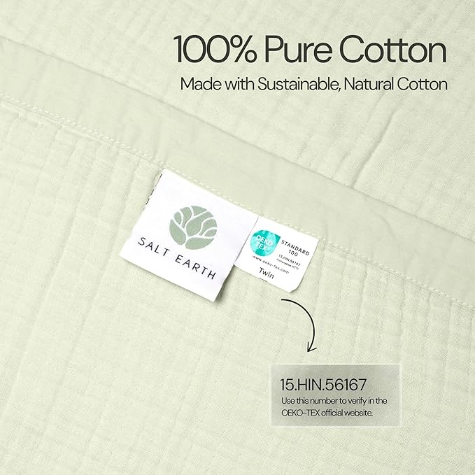 Salt Earth 100% Cotton Muslin Throw Blanket Gauze Blanket 55"X75" Twin, 4 Layered for Couch, Bed, Living Room, Home, Lightweight & All Season Blankets & Throws, Easy wash, Skin Friendly (Sea Foam)