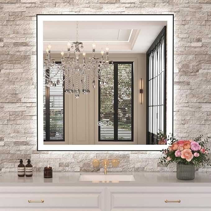 Amorho 36"x 36" LED Bathroom Mirror with Black Frame, Front Light and Backlit(Controlled Separately), Stepless Dimmable, Anti-Fog, Shatter-Proof, 3 Colors, Memory