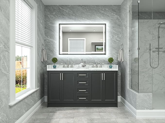 TETOTE 48 x 32 Bathroom LED Mirror Brushed Gunmetal Gray Frame Frontlit & Backlit Vanity Mirror Anti-Fog Stepless Dimmable 3 Colors White/Warm/Natural Wall-Mounted