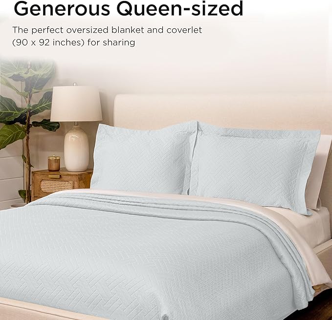 Threadmill Luxury Cotton Blankets for Queen Size Bed |All-Season 100% Cotton Queen Size Blanket | Criss Cross Jacquard Cozy Lightweight, Soft Breathable Coverlet fits Full Size Bed, 90x92 | Light Blue