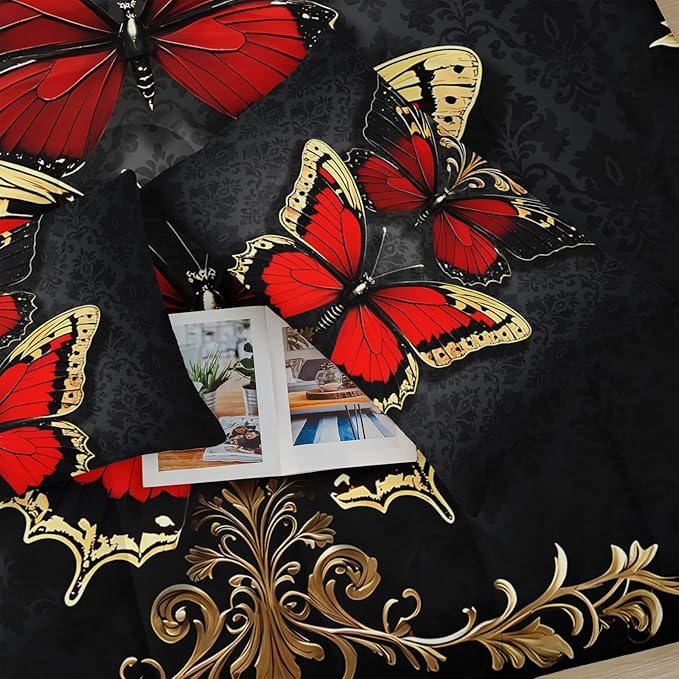 Red and Gold Butterfly Comforter Sets Queen Size Bed Set，Gothic Queen Size Bedding Set，with 1 Comforter with 2 Pillow Case，Butterfly Themed Bedroom Decor