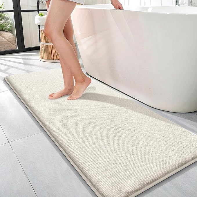 OLANLY Thick Memory Foam Bath Mat Rug 47x17, Extra Soft Absorbent Bathroom Rug, Quick Dry Bath Mats, Non-Slip, Machine Washable Carpet for Bathroom, Tub and Shower, Home Decor Accessories, Ivory
