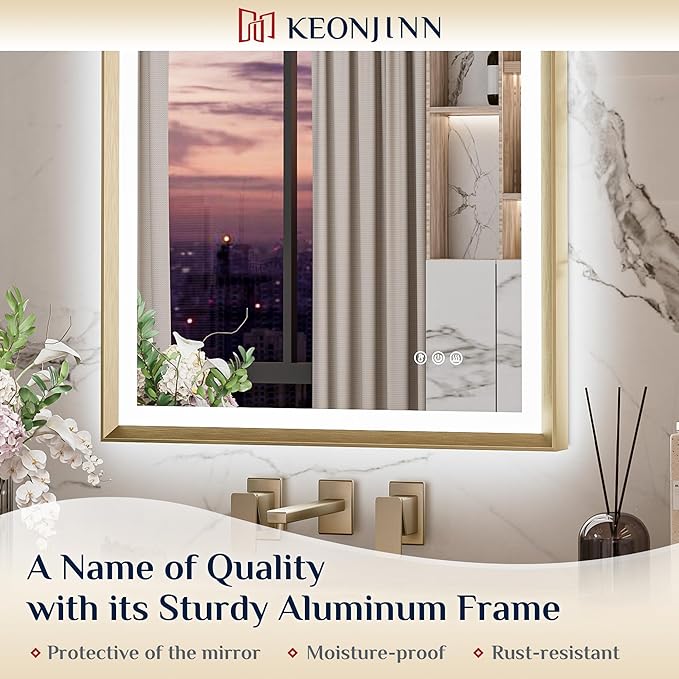 Keonjinn Gold LED Bathroom Mirror 20 x 28 Inch with Frontlit & Backlit, Lighted Mirrors Metal Framed for Wall, Stepless 3 Colors Lights, Anti Fog, Tempered Glass, Brighter and No Dark Corner