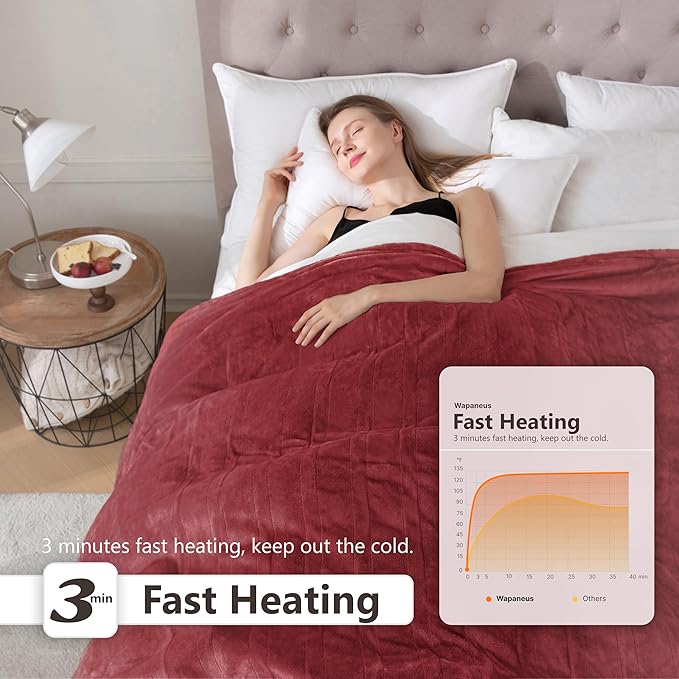 Wapaneus Heated Blanket Electric Twin Size 62"x84" with 10 Heating Levels 12 Timer Settings 8 Hours Auto-Shut Off,Flannel Fast-Heating Electric Blanket,ETL Listed Machine Washable,Red