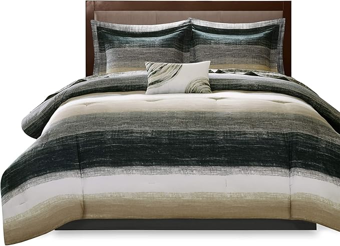 Madison Park Essentials Queen Comforter Set, Bed in a Bag Queen, Watercolor Print Coastal Comforter & Chambray Cotton Sheet Set, All Season Bedding Set, Saben, Taupe Queen (90 in x 90 in) 9 Piece