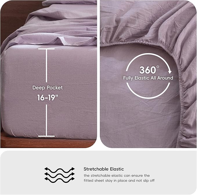 MooMee Bedding Sheet Set 100% Washed Cotton Linen Like Textured Breathable Durable Soft Comfy (Heathered Light Purple, California King)